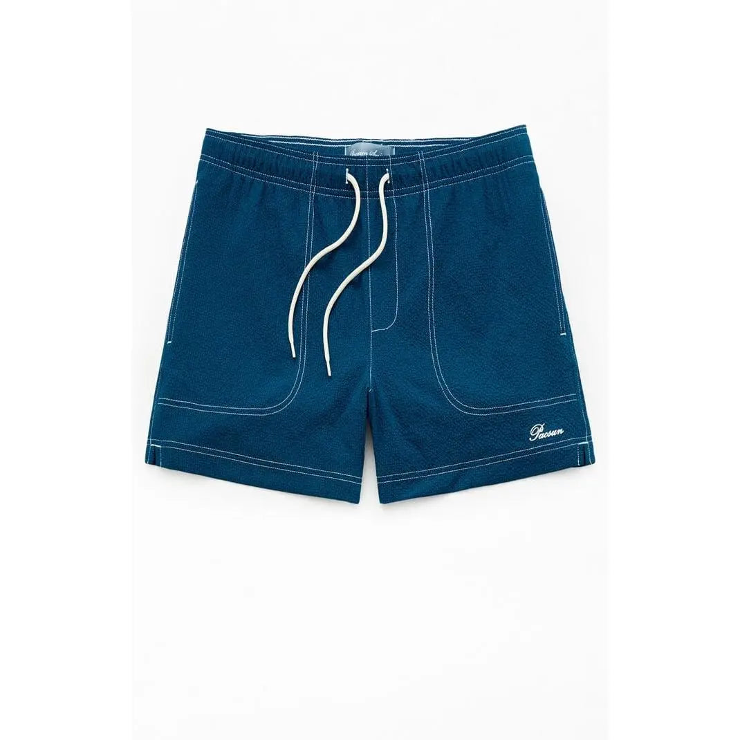 Pacsun Men'S Blue Solid Seersucker 4.5" Swim Trunks